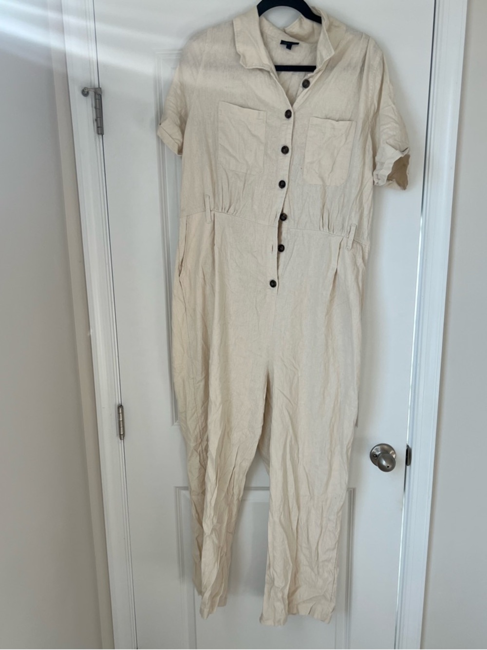 Who What Wear Cream Short-Sleeve Button-Front Jumpsuit